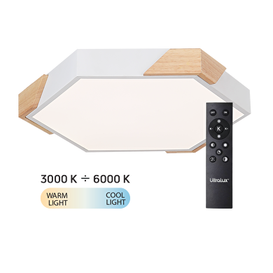 Plafoniera LED Slim CCT dimmerabile con telecomando, con elementi in legno, max.72W, 3000K-6000K