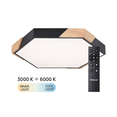 Plafoniera LED Slim CCT dimmerabile con telecomando, con dettagli in legno, max.72W, 3000K-6000K
